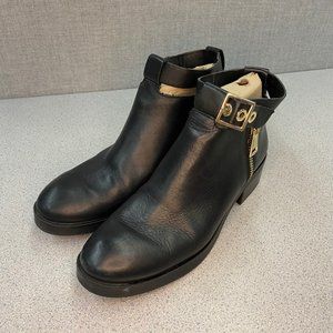 Zara Leather Black Bootie with Gold Zipper & Ankle Strap size 41
